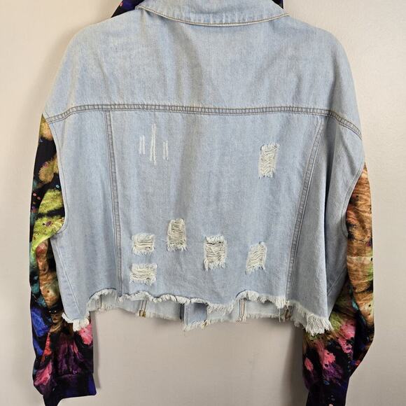 Upcycled Denim Cropped Jacket Thrashed Tie Dye Sleeves Detach Hood 50" Chest - Picture 6 of 13